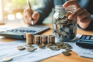 © dadakko - stock.adobe.com Foto: Person mit Taschenrechner und Münzglas