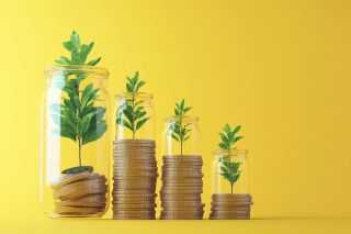 © Chatchanan- stock.adobe.com Foto: Gläser mit Münzen aus denen Pflanzen wachsen