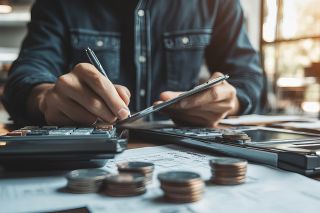 © Humeyra - stock.adobe.com Foto: Person mit Stift und Taschenrechner